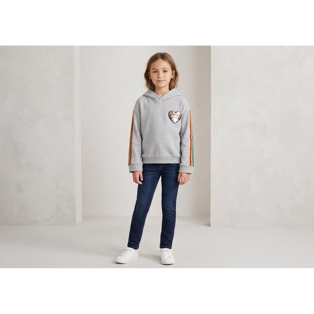 Boden Hoodie Kids Size 8 Grey Excellent Rainbow Heart Sequin Pullover Sweatshirt